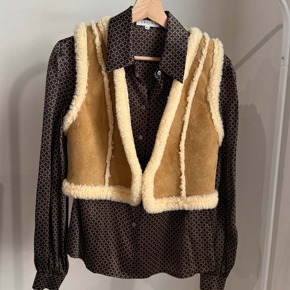 Vintage Celine Silk Tan Brown Patterned Button Down Shirt, Size 42 , US 10 - Picture 10 of 16